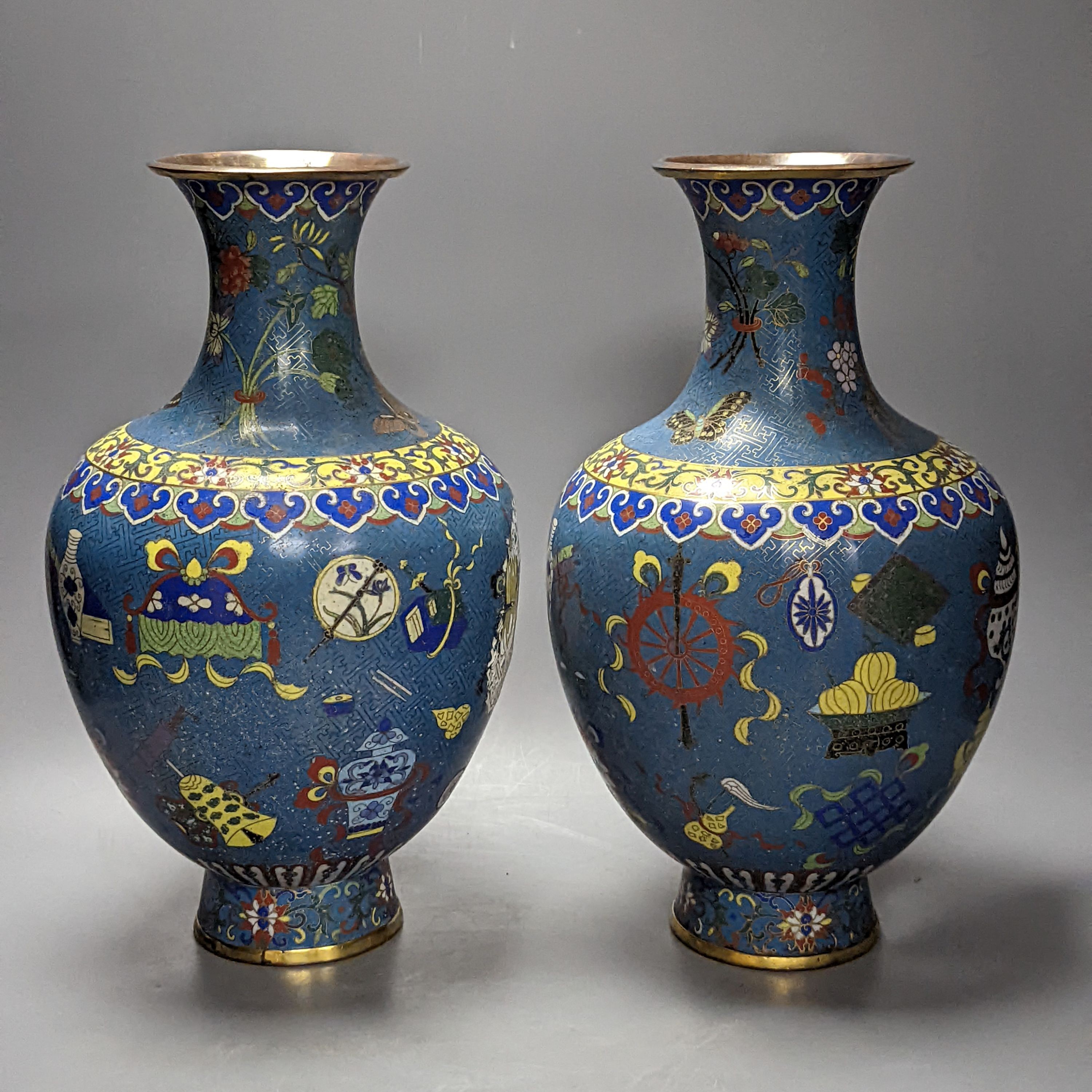 A pair of late 19th/early 20th century Chinese cloisonné enamel ‘Buddhist emblems’ vases 36cm